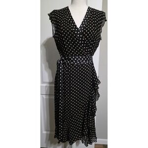 Etcetera Dress Women 10 Black Gold Polka‎ Dot 100% Silk Wrap Ruffle Midi Flutter